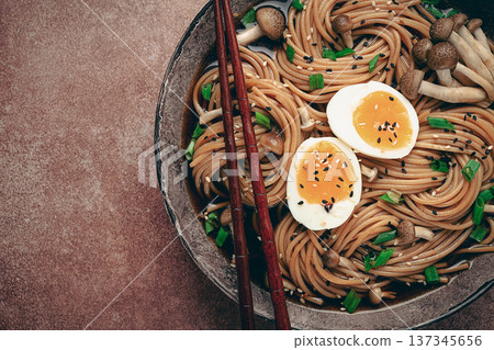 buckwheat noodles, soba, with shimeji mushrooms, boiled egg, green onion, sesame seeds, homemade, no people, 137345656