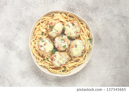 spaghetti with chicken meatballs, with cream sauce, and parmesan cheese, and decorated with microgreens, homemade, no people, spaghetti with chicken meatballs, with cream sauce, and parmesan cheese, and decorated with microgreens, homemade, no people, 137345665