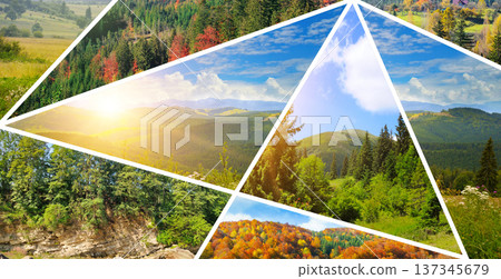 Panoramic Mountain Landscape Collage with Vibrant Seasonal Scenes Panoramic Mountain Landscape Collage with Vibrant Seasonal Scenes 137345679