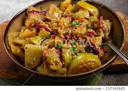 fried green tomatoes, with onions and spices, green tomato appetizer, Georgian cuisine, homemade, no people, fried green tomatoes, with onions and spices, green tomato appetizer, Georgian cuisine, homemade, no people, 137345685