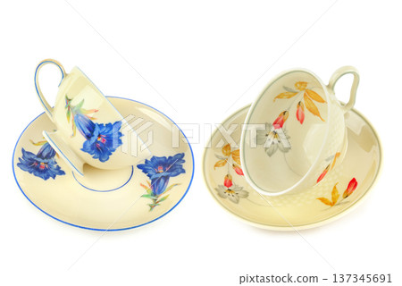 Vintage Floral Porcelain Teacups and Saucers Set Isolated on White 137345691