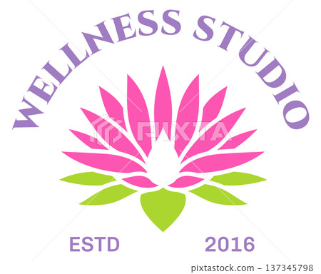Wellness studio logo. Zen class emblem with pink lotus Wellness studio logo. Zen class emblem with pink lotus 137345798