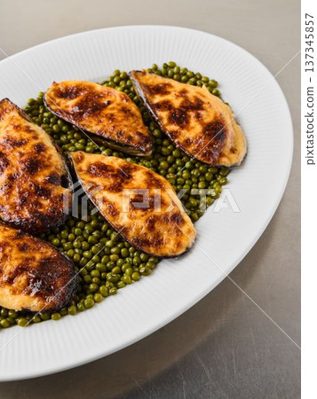 market fresh baked mussels on peas, sustainable seafood market fresh baked mussels on peas, sustainable seafood 137345857