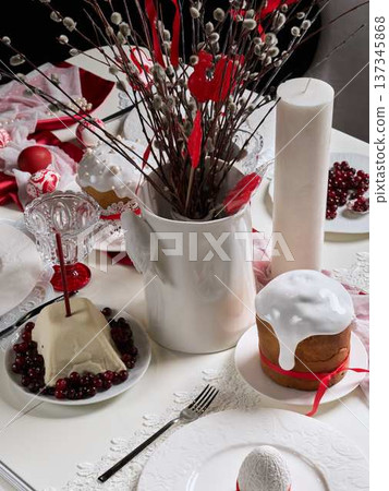 Elegant seasonal decor. Decor featuring flowers and candles Elegant seasonal decor. Decor featuring flowers and candles 137345868
