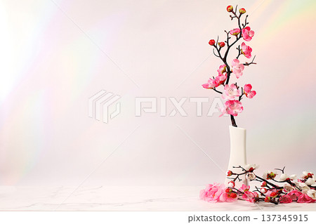 Elegant sunny colorful banner with pink blooming sakura branches in vase, abstract spring flower arrangement and template for your creative work, display table and spring concept, holiday design Elegant sunny colorful banner with pink blooming sakura branches in vase, abstract spring flower arrangement and template for your creative work, display table and spring concept, holiday design 137345915
