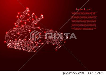anti-aircraft missile launcher mounted on tracked combat vehicle from futuristic polygonal red lines and glowing stars for banner, poster, greeting card 137345978