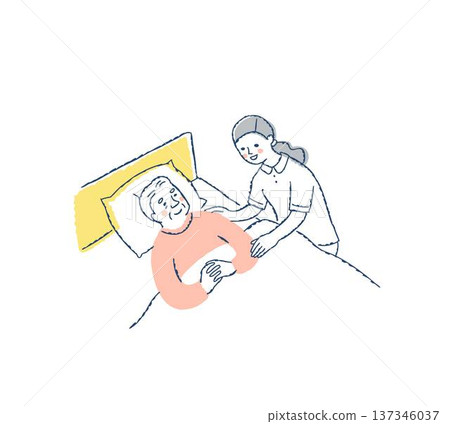 睡在床上的老人和照顧他的女人 睡在床上的老人和照顧他的女人 137346037