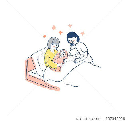 A mother holding a baby in bed and a smiling nurse 137346038