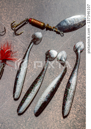 Special different colorful fishing tackles. Preparing for fishing Special different colorful fishing tackles. Preparing for fishing 137346107