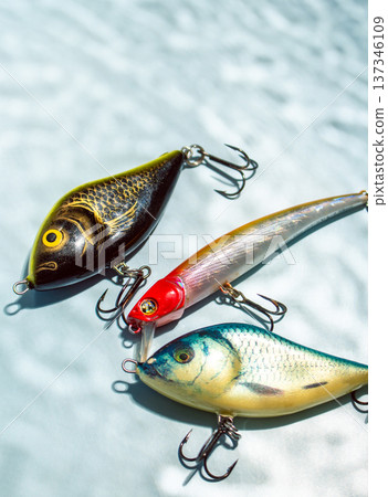 Fishing hobby concept. Accessories on blue background 137346109