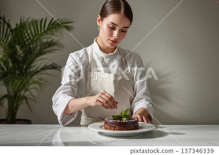 Pastry chef delicately placing mint leaf on elegant dessert in refined studio setting Pastry chef delicately placing mint leaf on elegant dessert in refined studio setting 137346339