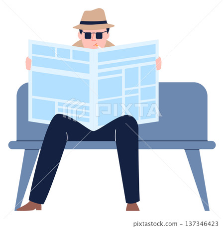 Spy surveillance concept. Man read newspaper on bench Spy surveillance concept. Man read newspaper on bench 137346423