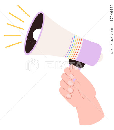 Megaphone in human hand. Loud speaker announce color icon 137346453
