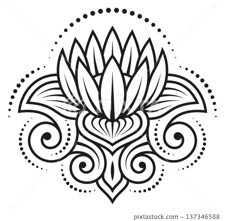 Lotus blossom tattoo. Black floral decorative drawing Lotus blossom tattoo. Black floral decorative drawing 137346588