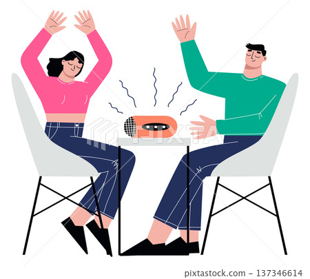 People listen radio together. Person enjoy music People listen radio together. Person enjoy music 137346614