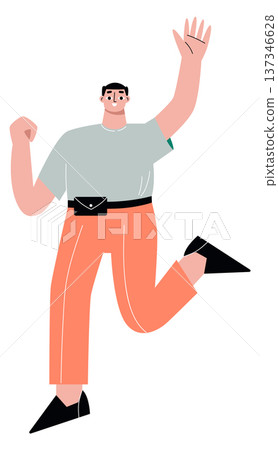 Positive friendly guy running and greeting hand gesture Positive friendly guy running and greeting hand gesture 137346628
