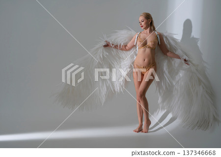 Elegant woman in gold lingerie posing with large white angel wings in a minimalist studio. Elegant woman in gold lingerie posing with large white angel wings in a minimalist studio. 137346668