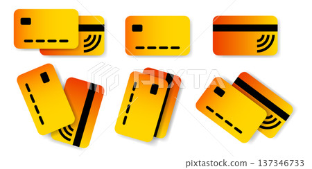 Yellow credit card icons set with contactless payment symbol and magnetic stripe. Yellow credit card icons set with contactless payment symbol and magnetic stripe. 137346733