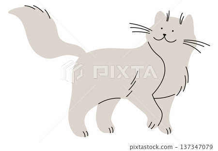 Walking cat drawing. Cheerful pet color doodle Walking cat drawing. Cheerful pet color doodle 137347079