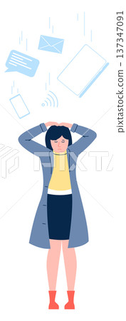 Stressed nervous woman with communication overload. Information burnout Stressed nervous woman with communication overload. Information burnout 137347091
