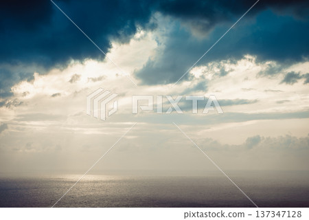 Evening sky with dark stormy clouds. 137347128