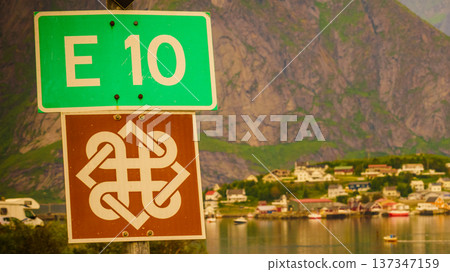 Fjord mountains landscape. Lofoten islands Norway Fjord mountains landscape. Lofoten islands Norway 137347159