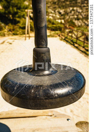 Zip wire with empty seat at playground Zip wire with empty seat at playground 137347181