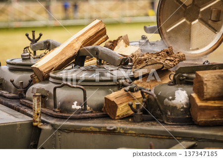 Field kitchen for cooking camp food. Field kitchen for cooking camp food. 137347185