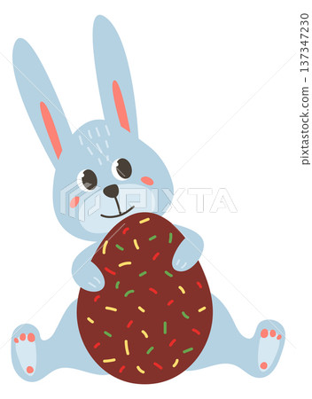 Happy bunny with chocolate egg. Easter card mascot Happy bunny with chocolate egg. Easter card mascot 137347230