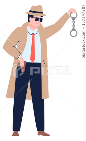 Detective hold handcuffs. Justice for criminal color concept Detective hold handcuffs. Justice for criminal color concept 137347287