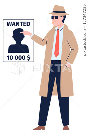 Criminal suspect search. Detective character with wanted poster Criminal suspect search. Detective character with wanted poster 137347289