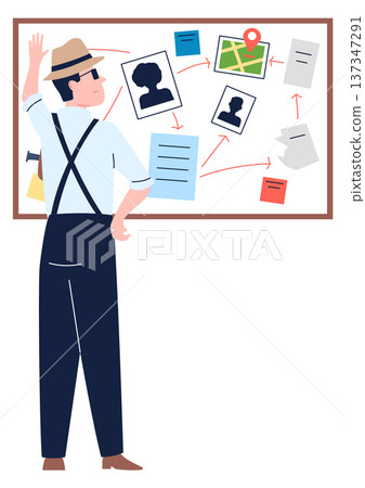 Crime investigation board. Cartoon character inspect connections Crime investigation board. Cartoon character inspect connections 137347291