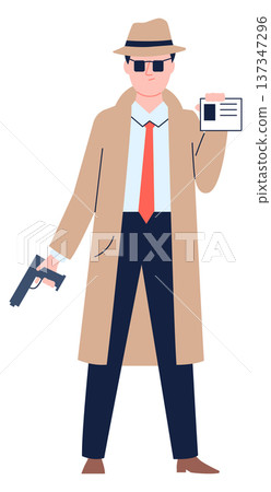 Detective cartoon character. Special agent hold gun 137347296