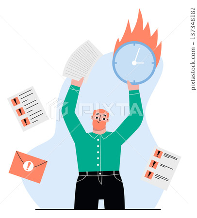 Busy man deadline stress. Employee hold burning clock Busy man deadline stress. Employee hold burning clock 137348182