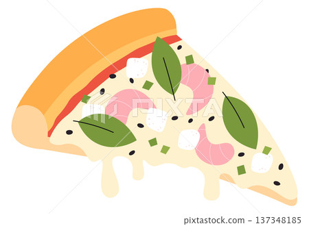 Seafood pizza slice. Cheese italian food piece Seafood pizza slice. Cheese italian food piece 137348185