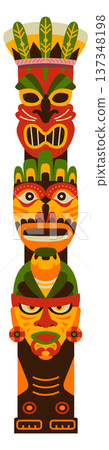 Hawaiian traditional wooden pole with human head masks 137348198