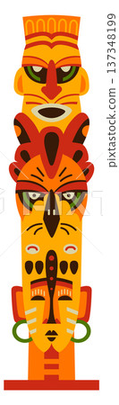 Tribal decorative pole. Ancient color head sculpture 137348199