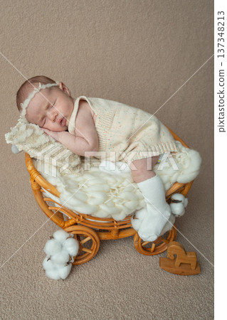 Peaceful newborn baby girl sleeping in a small rattan basket on a neutral studio background. Soft textures and warm tones create a tender family atmosphere filled with love, safety and early childhood Peaceful newborn baby girl sleeping in a small rattan basket on a neutral studio background. Soft textures and warm tones create a tender family atmosphere filled with love, safety and early childhood 137348213