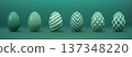 Six green decorative eggs with different patterns on green background 137348220