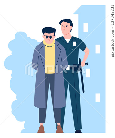 Police officer escort criminal suspect. Arrest scene Police officer escort criminal suspect. Arrest scene 137348233