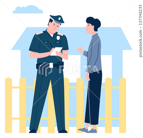 Police officer talk with woman. Crime witness character 137348235