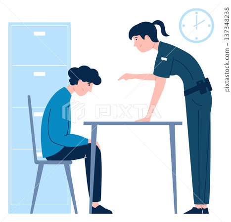 Suspect interrogation. Police office woman talk to sitting person Suspect interrogation. Police office woman talk to sitting person 137348238