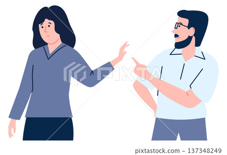 Woman showing denial gesture to man. Person refuse to talk Woman showing denial gesture to man. Person refuse to talk 137348249
