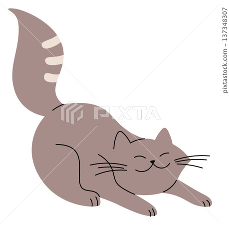 Stretching cat drawing. Fluffy gray pet doodle 137348307
