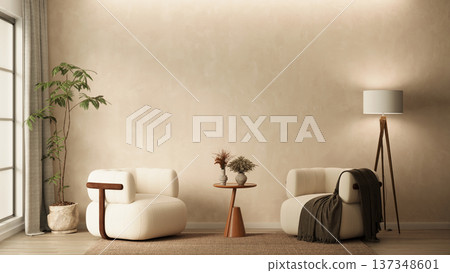 Minimalist Interior Background with Cloud Dancer Limewash Wall, Modern White Boucle Armchairs and Empty Copy Space 137348601