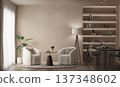 Luxury Interior Background with Textured Cloud Dancer Wall, LED Bookshelf, Modern Sofa and Large Empty Wall Space 137348602