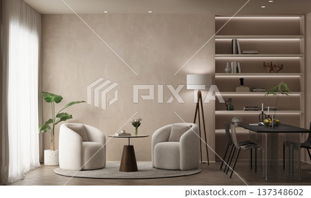 Luxury Interior Background with Textured Cloud Dancer Wall, LED Bookshelf, Modern Sofa and Large Empty Wall Space 137348602