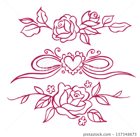 set of doodle illustrations with roses, vintage style. Wedding decoration set of doodle illustrations with roses, vintage style. Wedding decoration 137348673