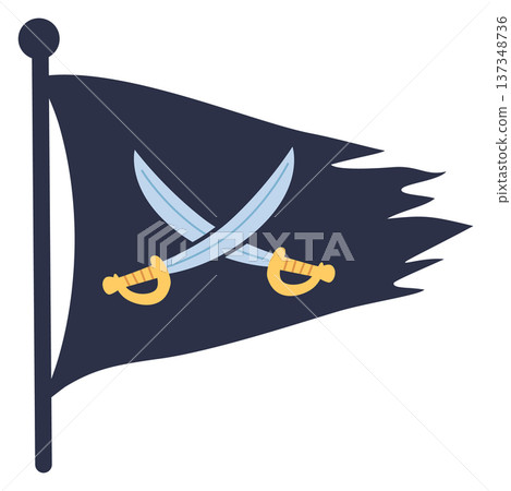 Pirate flag waving. Black textile with crossed swords Pirate flag waving. Black textile with crossed swords 137348736