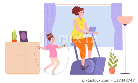 Cardio workout for kid and adult. Mother and daughter training together Cardio workout for kid and adult. Mother and daughter training together 137348747